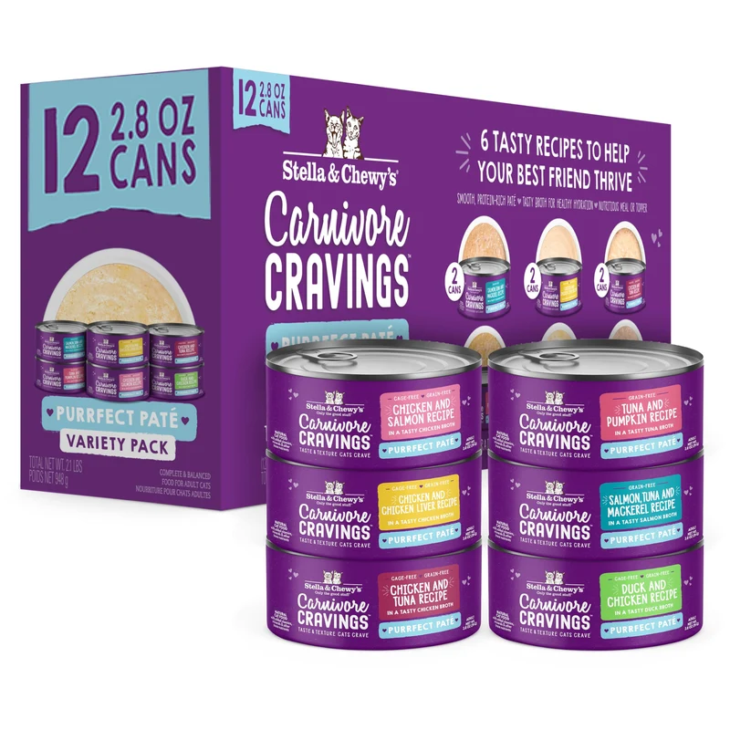 Stella & Chewy's Carnivore Cravings Purrfect Paté – Paté humide sans céréales pour chat, 6 saveurs, protéines élevées et bouillon d'os, pack 12 boîtes de 2,8 oz