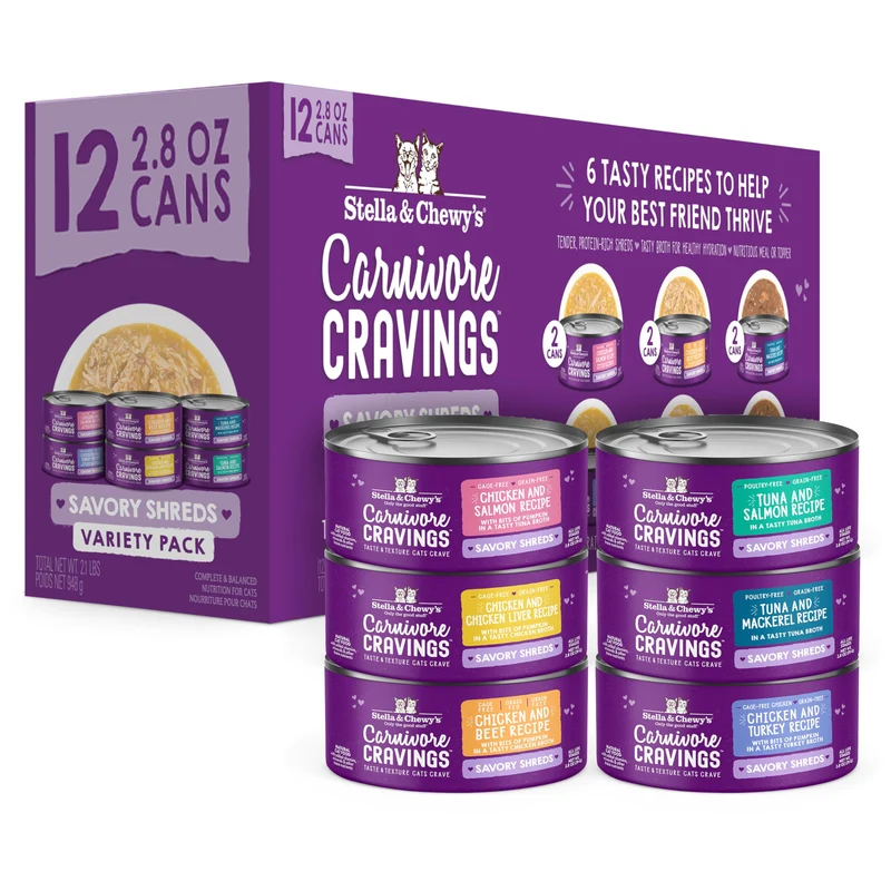 Stella & Chewy's Carnivore Cravings Savory Shreds — Pack Variété en Conserves pour Chat (2,8 oz ≈ 80 g, boîtes de 12)
