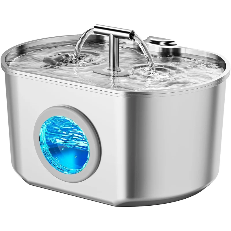 Neareal Fontaine d'eau pour chat en acier inoxydable – 2,2 L, fenêtre de niveau, filtration quadruple (1 filtre)
