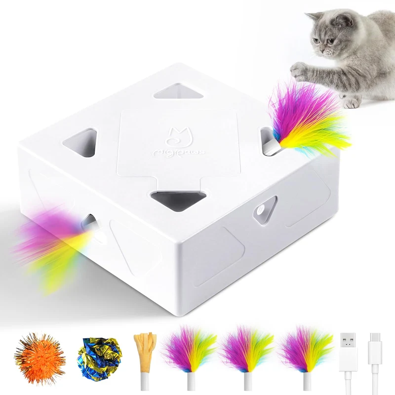 Migipaws MigiBox Interactif 3-en-1 pour Chats d’Intérieur – Plumes Sortantes et PopSkin