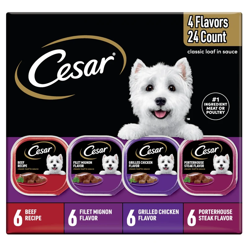 Cesar Wet Dog Food Terrine en Sauce Classique – Saveurs Steak et Œufs et Poulet et Foie, 24x3,5 oz