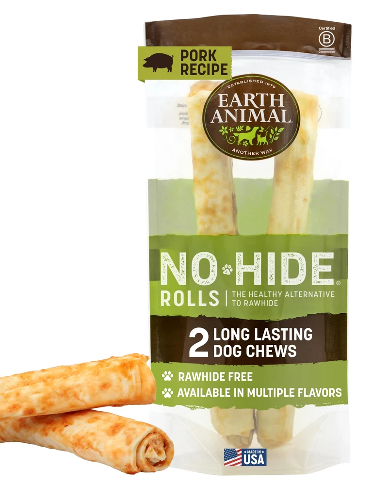 Earth Animal No Hide Chews – Friandises sans cuir pour grands chiens (porc) – 2 pièces