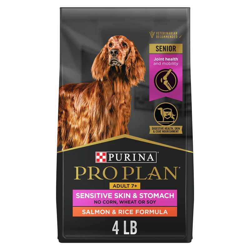 Purina Pro Plan Peau Sensible et Estomac – Senior 7+ Saumon et Riz, Croquettes 4 lb