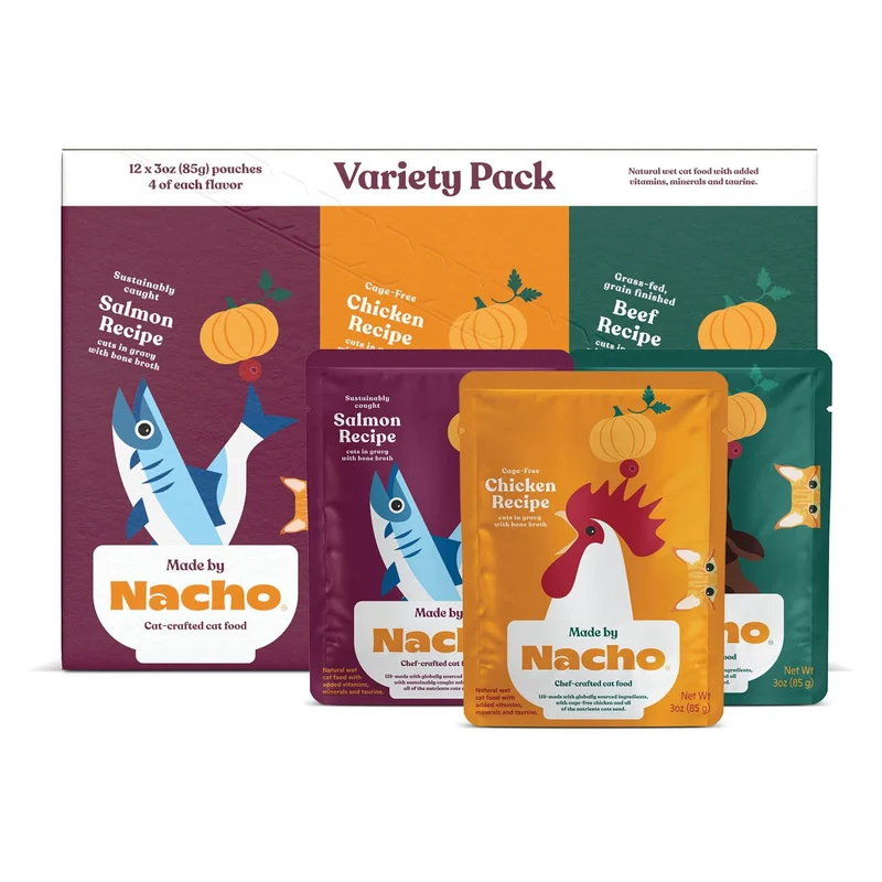 Made by Nacho Wet Cat Food – Lot Variété 12 Sachets (3 oz) – Poulet Sans Cage, Saumon Durable, Bœuf Nourri à l’Herbe