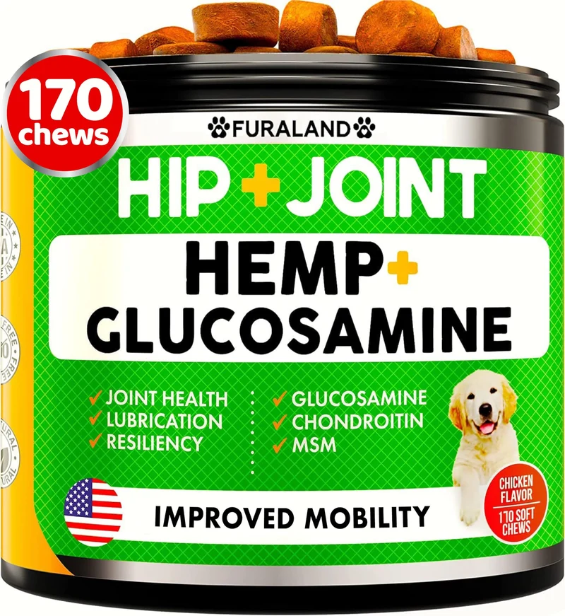 FURALAND – Supplément hanches et articulations pour chiens | 170 friandises à base de glucosamine, MSM et huile de chanvre (USA)