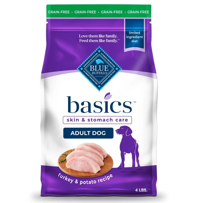 Blue Buffalo Basics – Croquettes Sans Céréales pour Chiens Adultes, Soin Peau et Estomac, Régime à Ingrédients Limité, Dinde, Sac 4 lb
