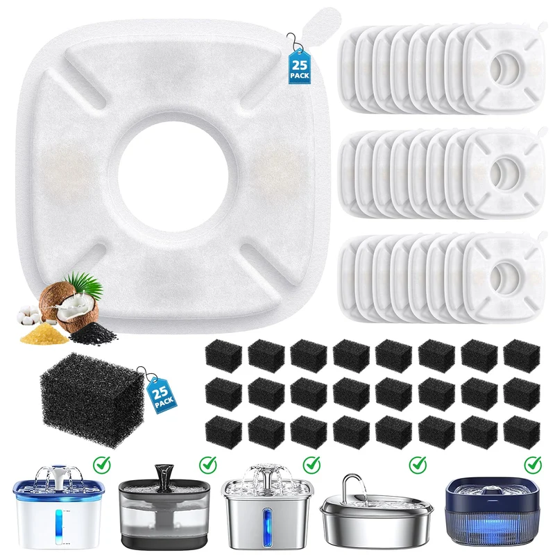 Beckacher – 50 filtres pour fontaine Veken 95oz/2,8L et tailles 67oz, 85oz, 135oz + 25 filtres de rechange et 25 éponges pré-filtre