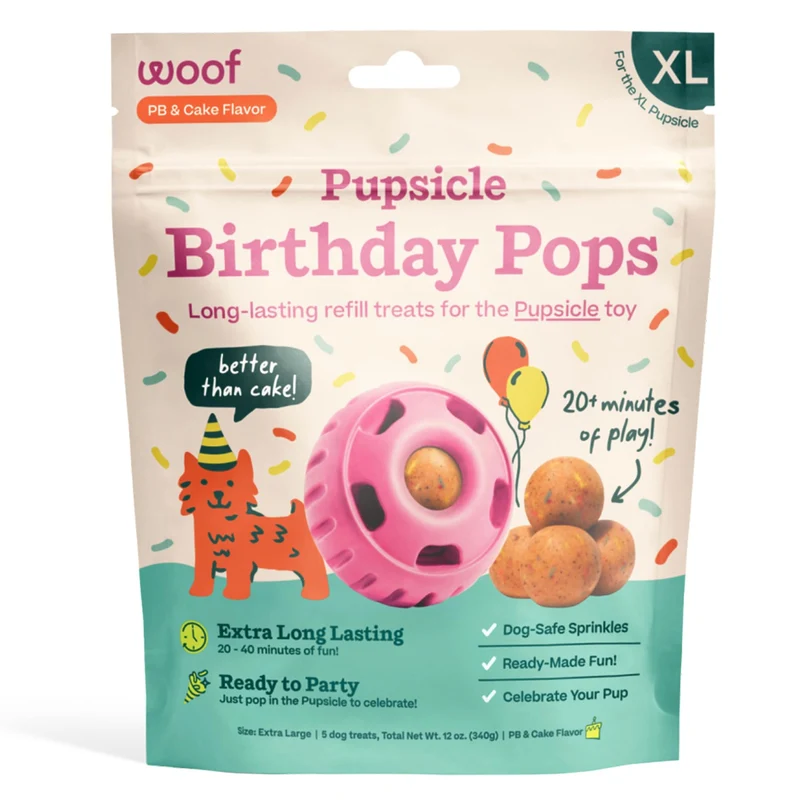 WOOF Pupsicle Birthday Pops – Friandises saines pour chiens, recharges préfabriquées XL au goût gâteau