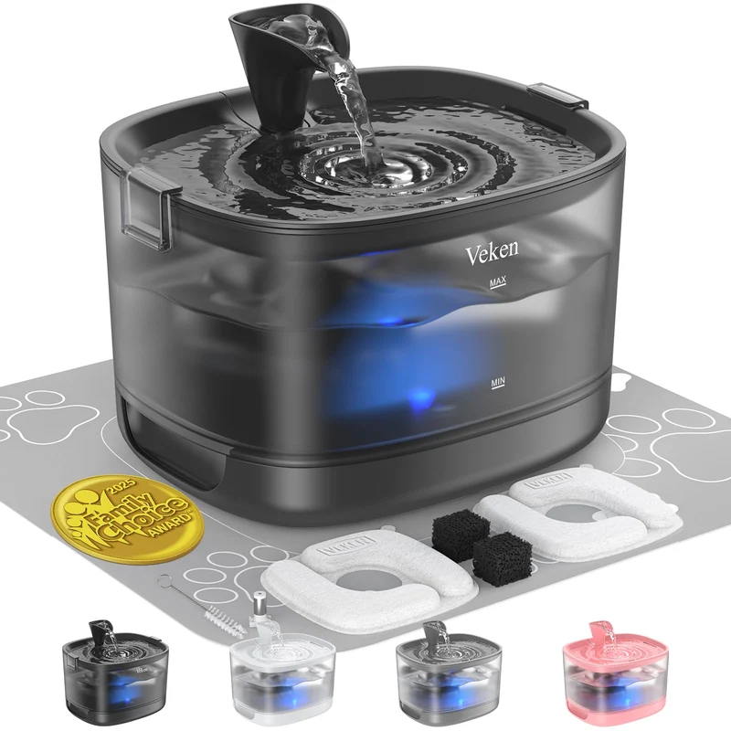 Veken Fontaine pour Chats 2,5 L – Réservoir Détachable, Clips Sécurisés, Filtration 5 Étapes, LED et Fonctionnement Silencieux