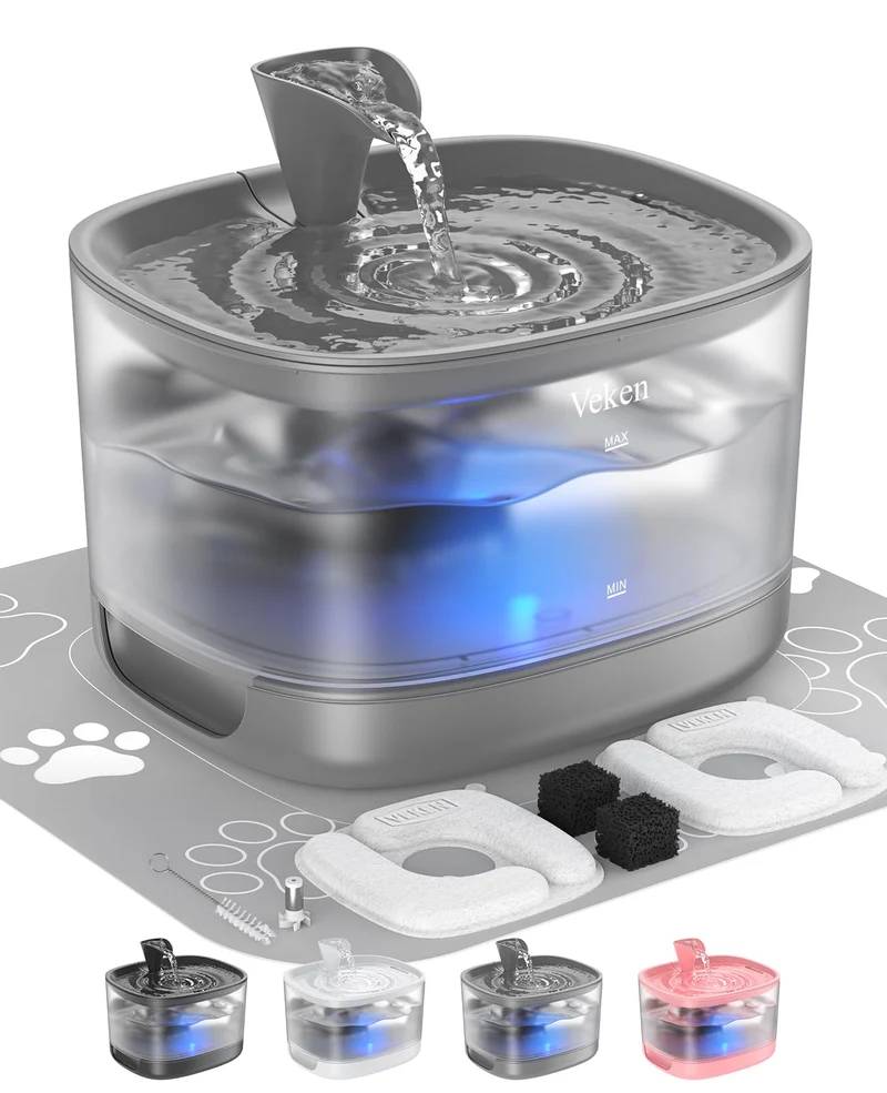 Veken Fontaine pour Chat 2,5 L – Réservoir détachable, sans pompe, silencieuse 25-30 dB, LED