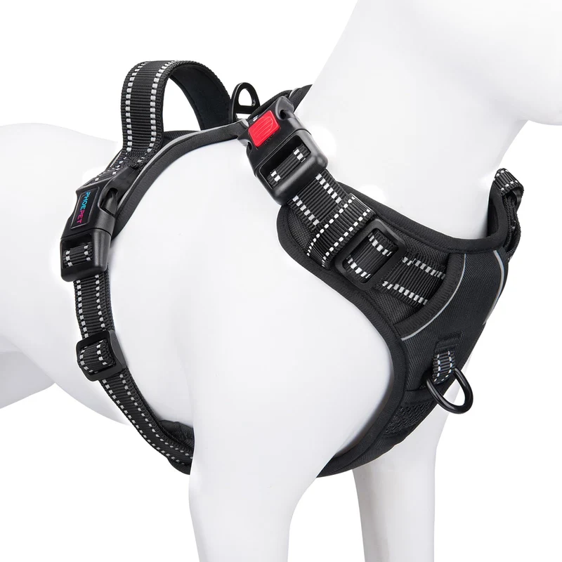 PHOEPET Harnais Sans Tirage pour Petits Chiens — Réfléchissant, Clip Frontal Ajustable, Poignée, 2 Anneaux Métal, 3 Boucles — Facile à Mettre et Enlever (S, Noir)