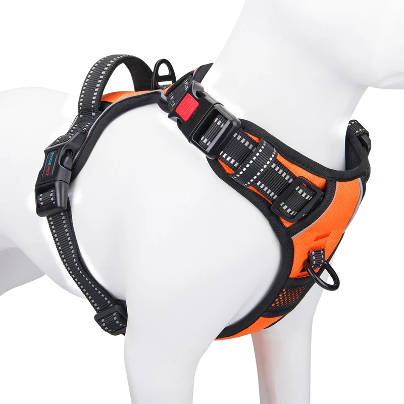 PHOEPET Harnais réfléchissant pour chien — Grand format, sans tirage, poignée et 2 anneaux en métal (XL, Orange)