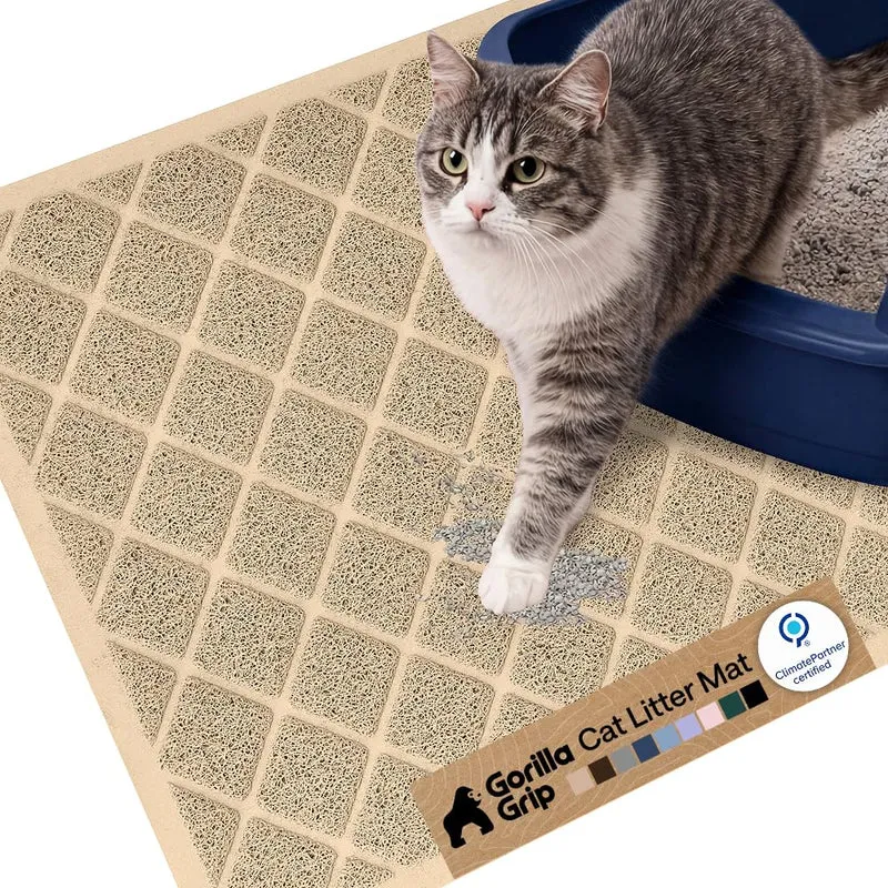 GORILLA GRIP Tapis de litière pour chat – Anti-débris, Mailles Résilientes, 24x17 Beige