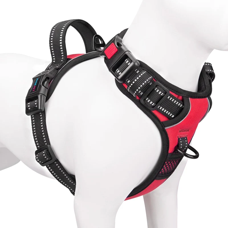 PHOEPET Harnais Réfléchi Grand Chien Sans Tirage avec Poignée – 2 Anneaux Métalliques, 3 Boucles, Facile à Mettre et Enlever – Taille L Rouge