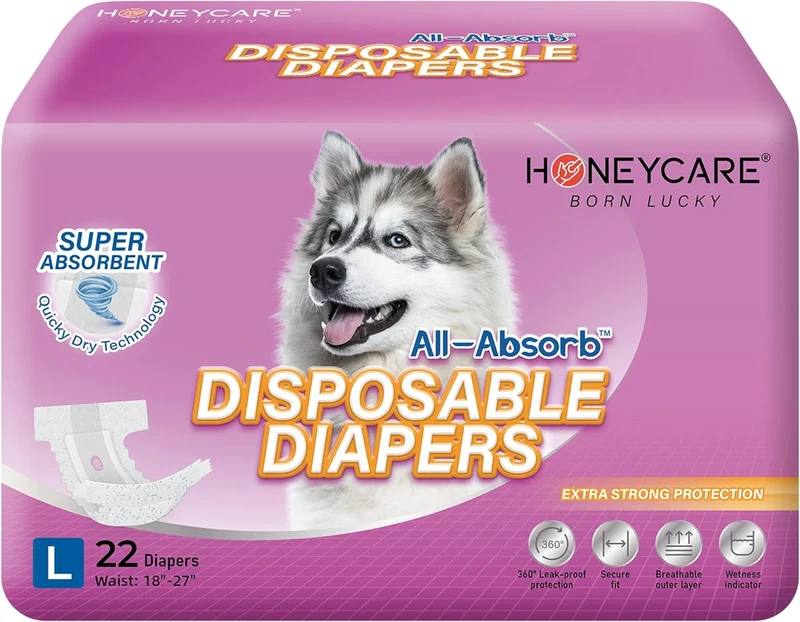 Honey Care All-Absorb Couches jetables pour chien femelle, Taille L, 22 pièces, super absorbantes et respirantes