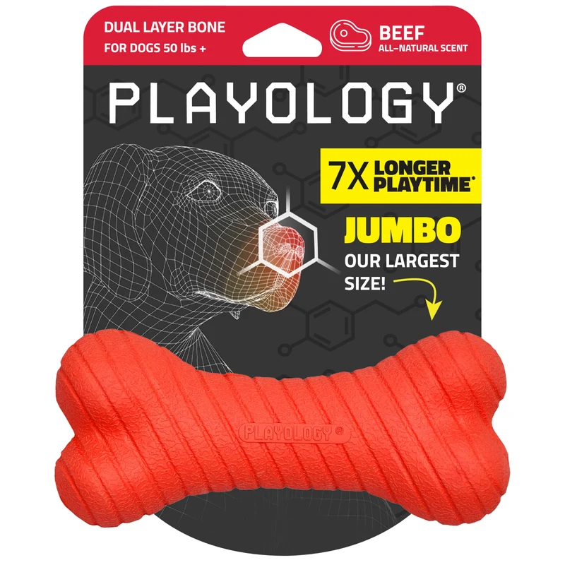 Playology - Os double couche pour chien | Jouet à mâcher durable pour grands chiens au parfum de boeuf