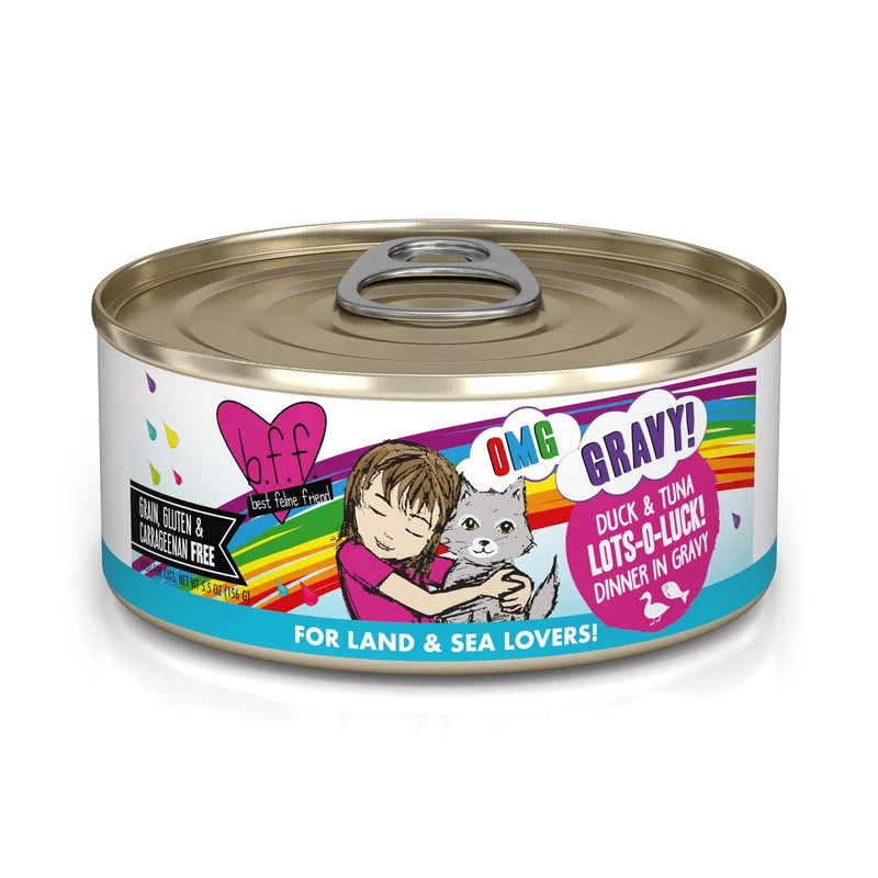 Weruva B.F.F. OMG - Meilleur Ami Félin Oh My Gravy! Lots-O-Luck! Canard et Thon en Sauce, Boîte de 156 g (Lot de 8)