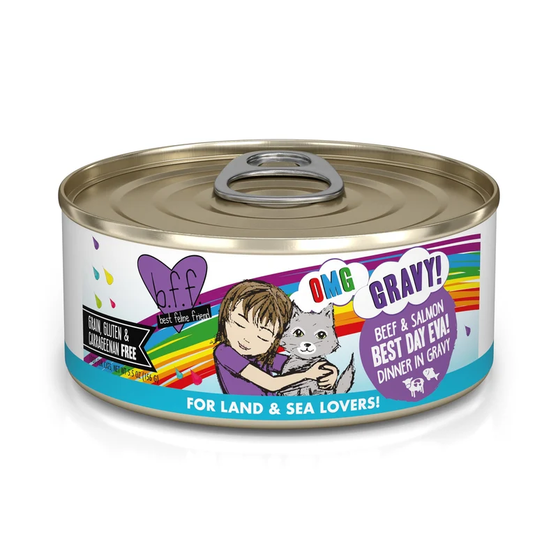 Weruva B.F.F. OMG – Best Feline Friend Oh My Gravy !, Best Day Eva ! – Pâtée pour chat au bœuf et saumon en gravy, 8 boîtes de 5,5 oz