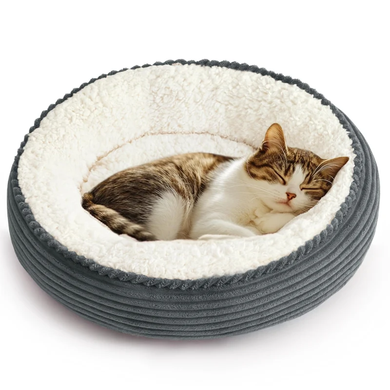 Love's cabin Coussins Donut Rond pour Chats et Petits Chiens – 20 po, Bleu Gris Rayé