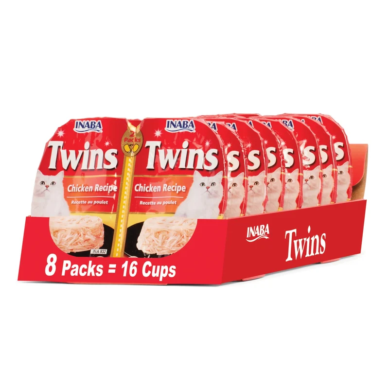 INABA Twins pour Chats – Émiettes de Poulet & Gelée de Bouillon, 16 Portions, Vitamine E, Saveur Poulet