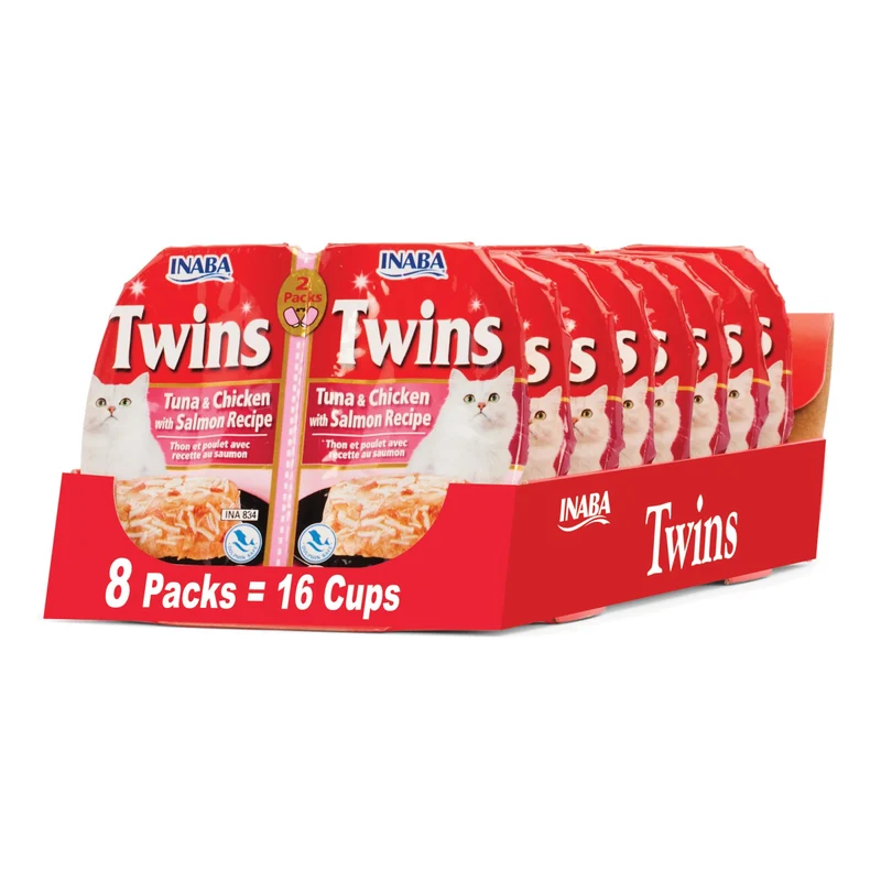 INABA Twins pour Chats – Coupelles d’accompagnement Thon & Poulet avec Saumon, 1,23 oz par portion, 16 portions