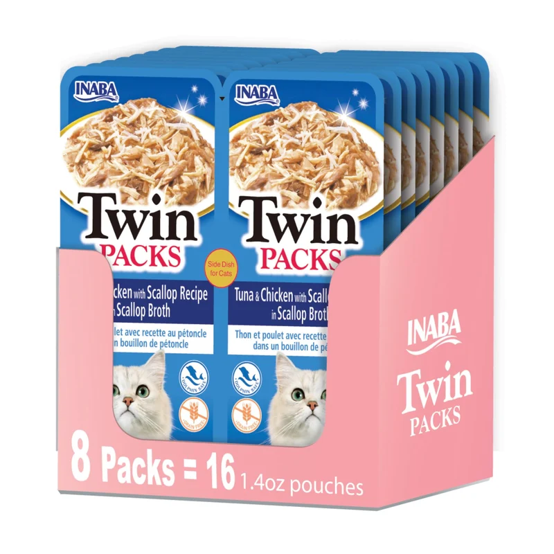 INABA Paires Jumelées pour Chats – Morceaux de Poulet en Bouillon Gelé, 16 Portions de 1,4 oz, Recette Thon et Poulet avec Noix Saint-Jacques dans Bouillon