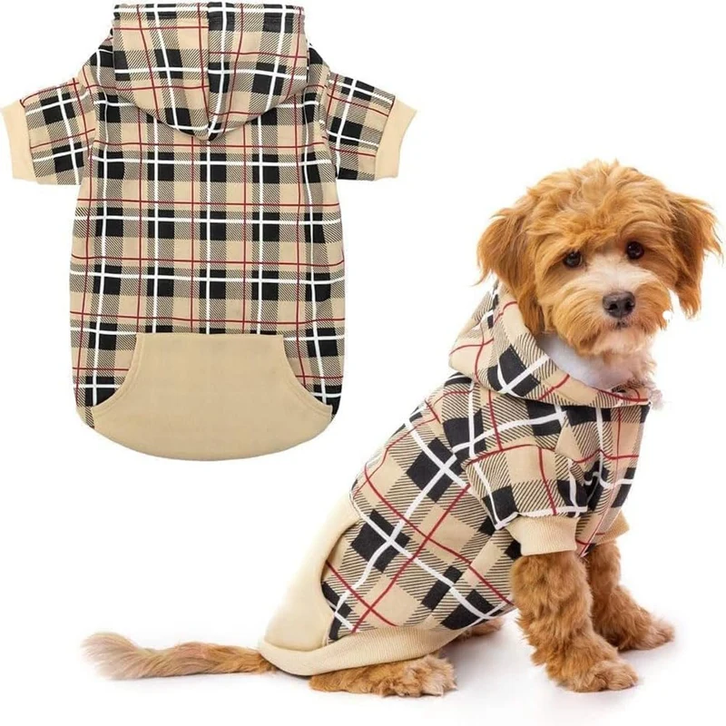 EXPAWLORER Sweat à capuche plaid pour chien – Style britannique, trou pour laisse, beige, taille moyenne