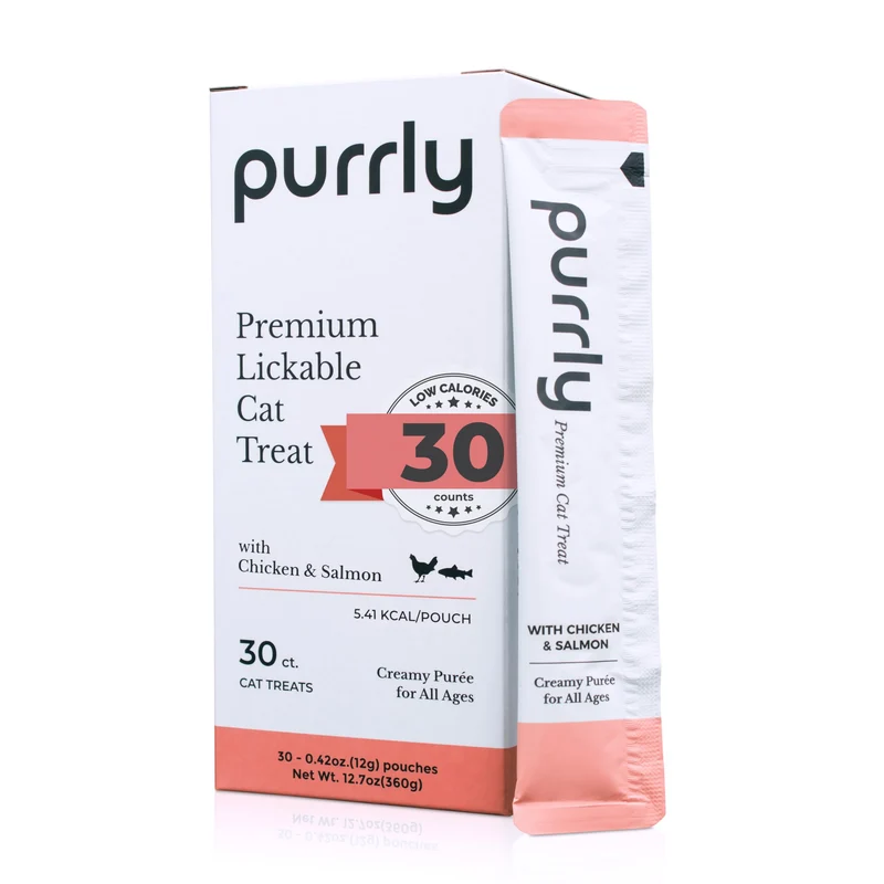 Topper Purrly – Purée humide de poulet et saumon, qualité humaine, Oméga-3 & 6 – 30 sachets, snack lickable faible en phosphore
