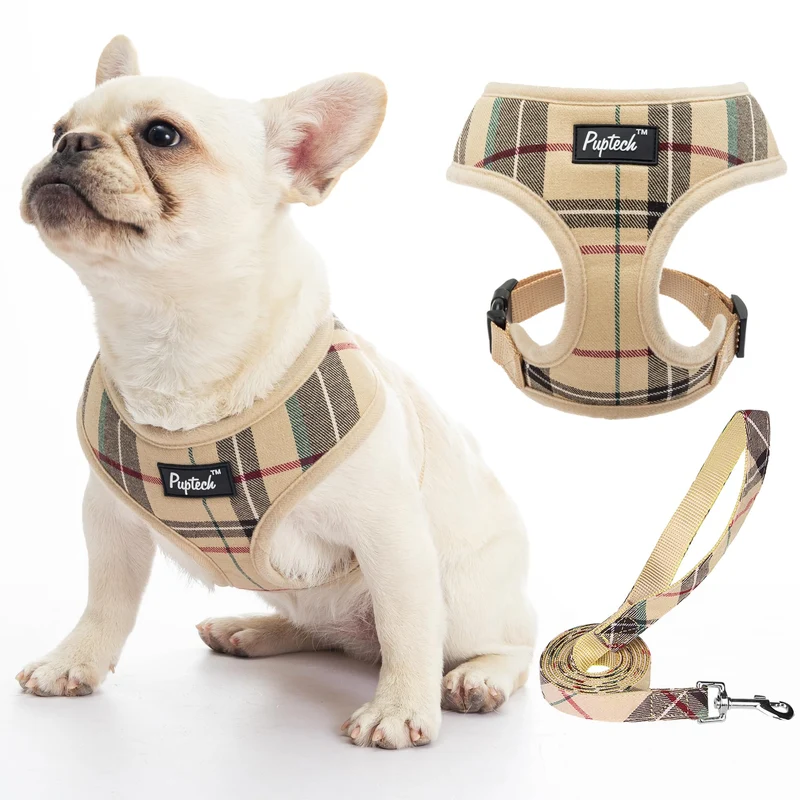 PUPTECK Harnais Mesh Doux sans tir + Laisse Beige – Taille L
