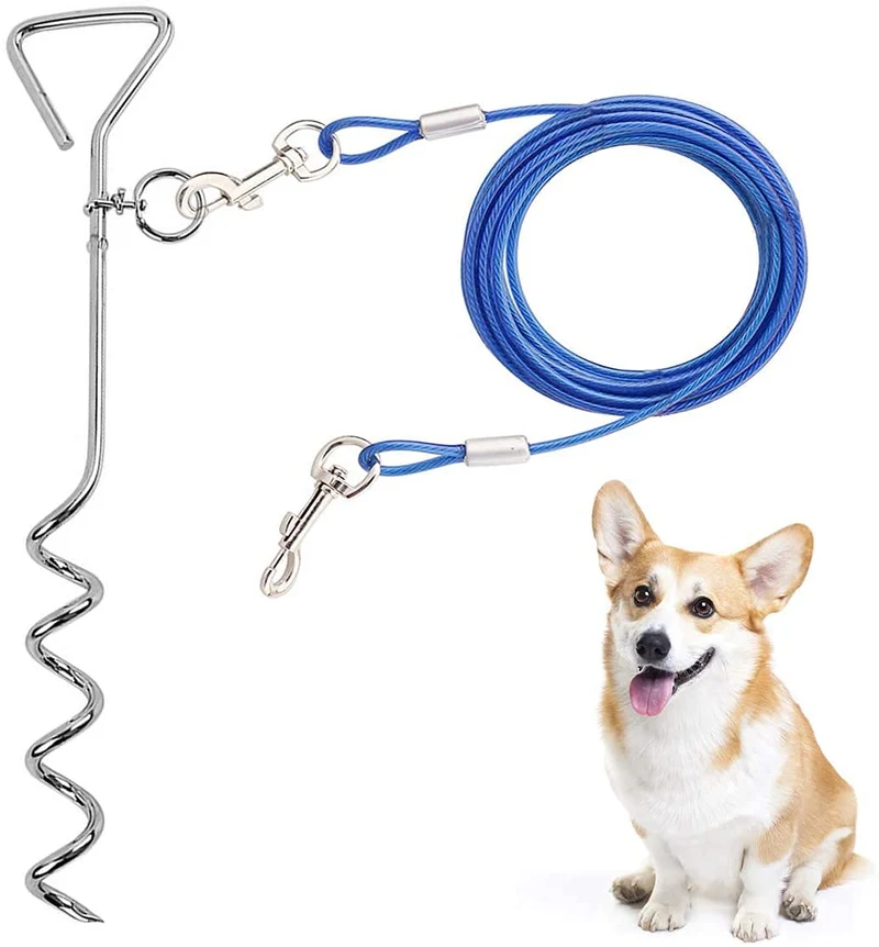 CLKHOWL Câble d’attache pour chien 16/30 ft — piquet spiral bleu, anti-rouille et réfléchissant, jusqu’à 125 lb