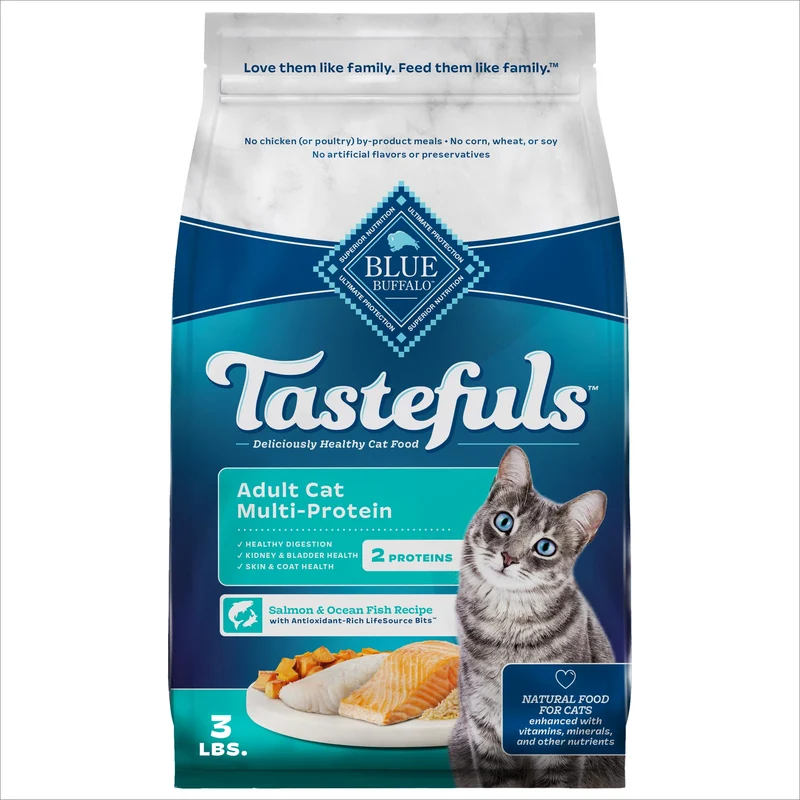 Blue Buffalo Tastefuls Croquettes pour Chat Adulte – Recette Saumon & Poisson Océan, Multi-Protein, Sachet 3 lb