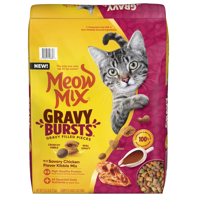 Meow Mix Gravy Bursts — Croquettes pour chat au poulet avec poches de gravy, sac 13,5 livres