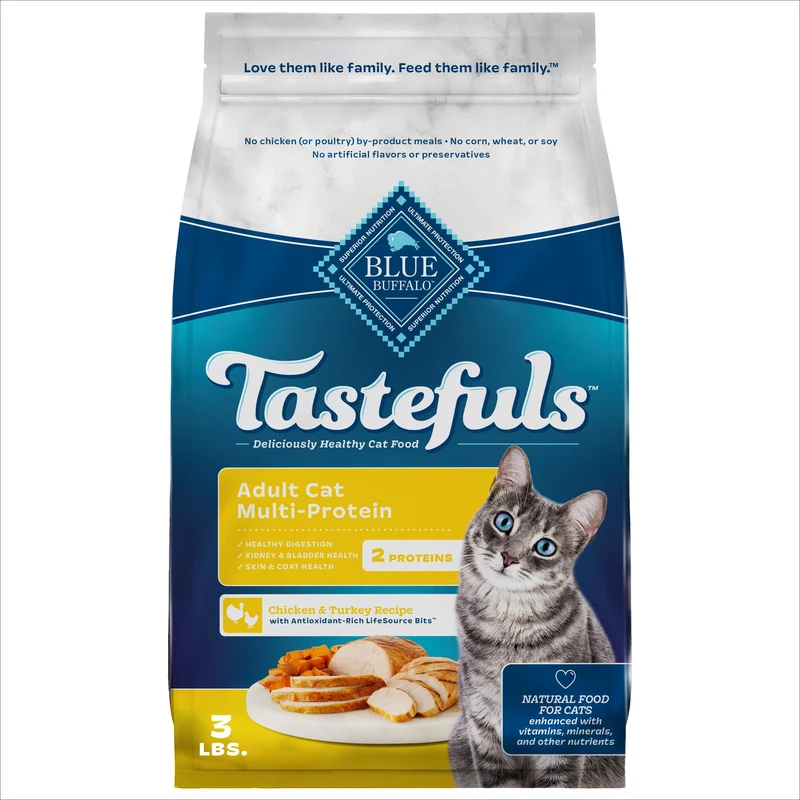 Blue Buffalo Tastefuls – Croquettes pour chat adulte Multi-Protéines (Poulet & Dinde), Sac de 3 lb