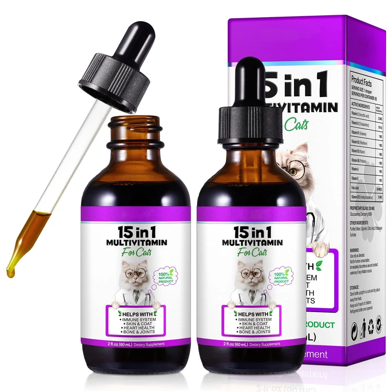 VOSIFSDIY Multivitamines pour Chats 15 en 1 – Gouttes Liquides 60ml, Lot de 2