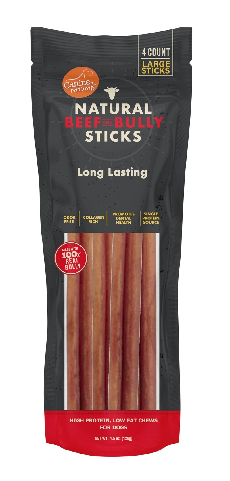 Canine Naturals | Tiges de bœuf – Longues, sans odeur, 4 pièces – Grand format