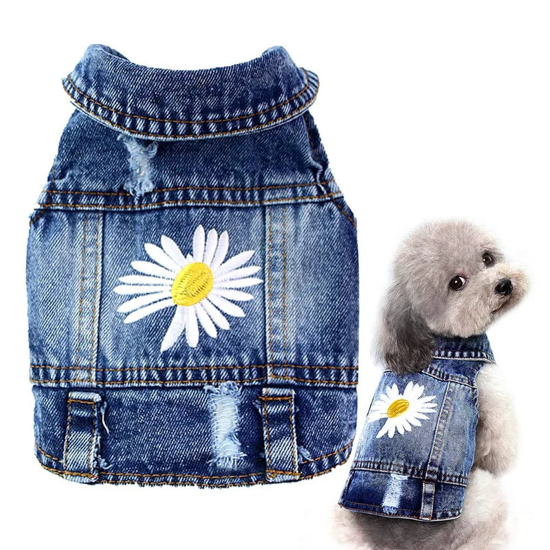 Veste en jean Pawstrip pour chien avec broderie marguerite — taille Large (poitrine 38–41 cm) pour petits chiens