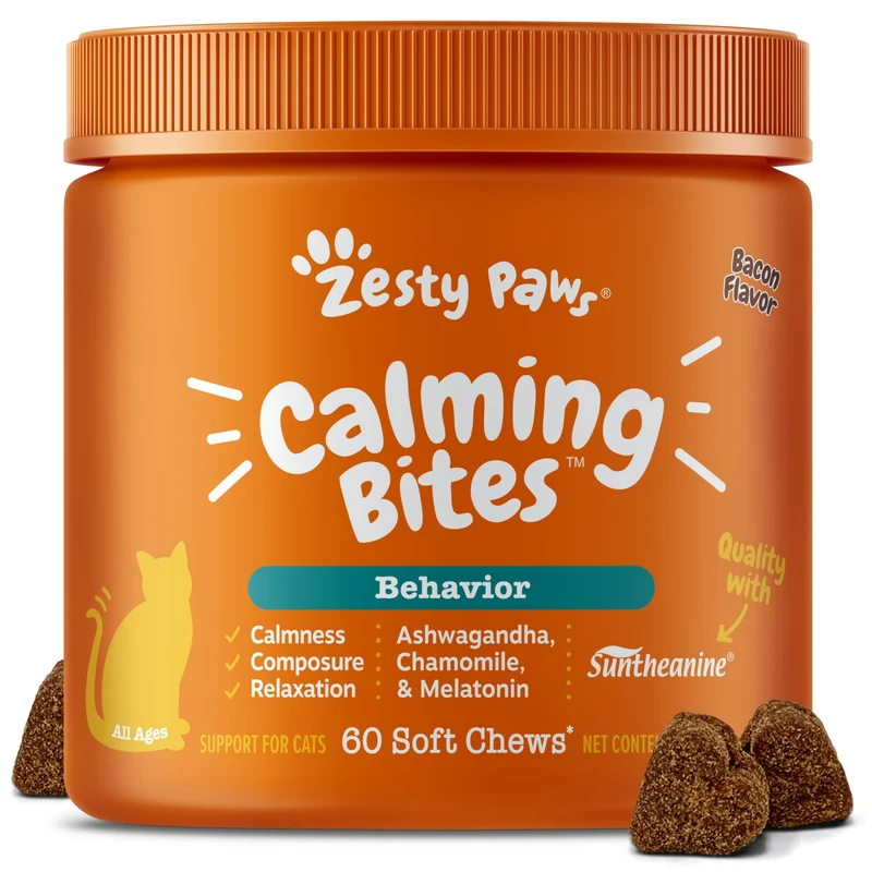 Zesty Paws Calming Chews pour Chat – Relaxation et Composure au Quotidien | Ashwagandha, Camomille, L-Theanine, L-Tryptophane – Bacon – 60 bouchées