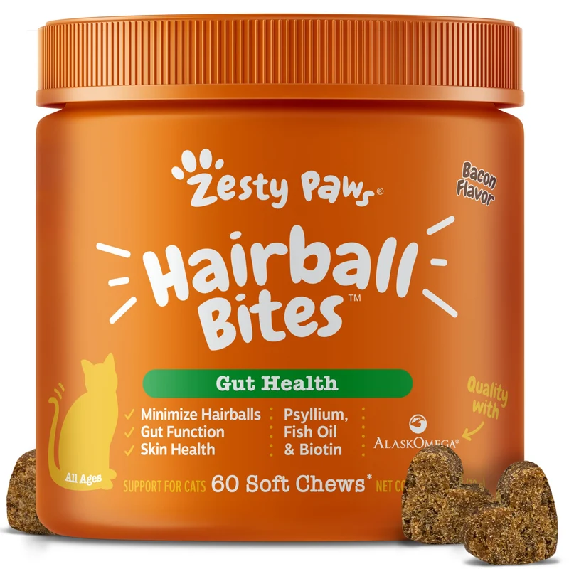 Zesty Paws Hairball Bites pour Chats – Soin Boules de Poils, Omega-3 EPA/DHA, Zinc & Biotine - 60 Bouchées