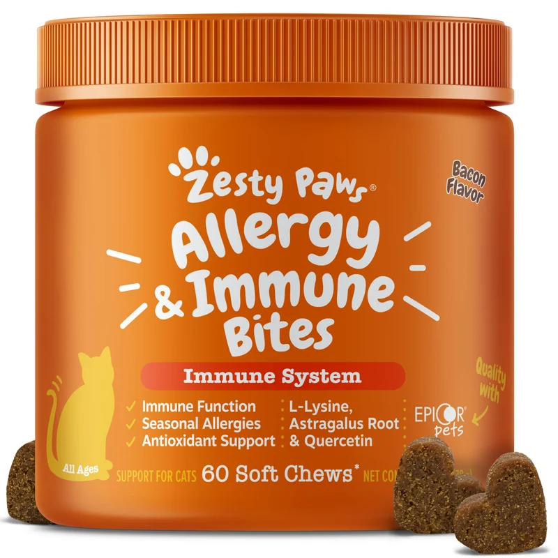 Zesty Paws Chat – Soulagement Allergies et Démangeaisons, Oméga 3 & Probiotiques au Saumon, Friandises Bacon, Epicor Pets, 60 Friandises