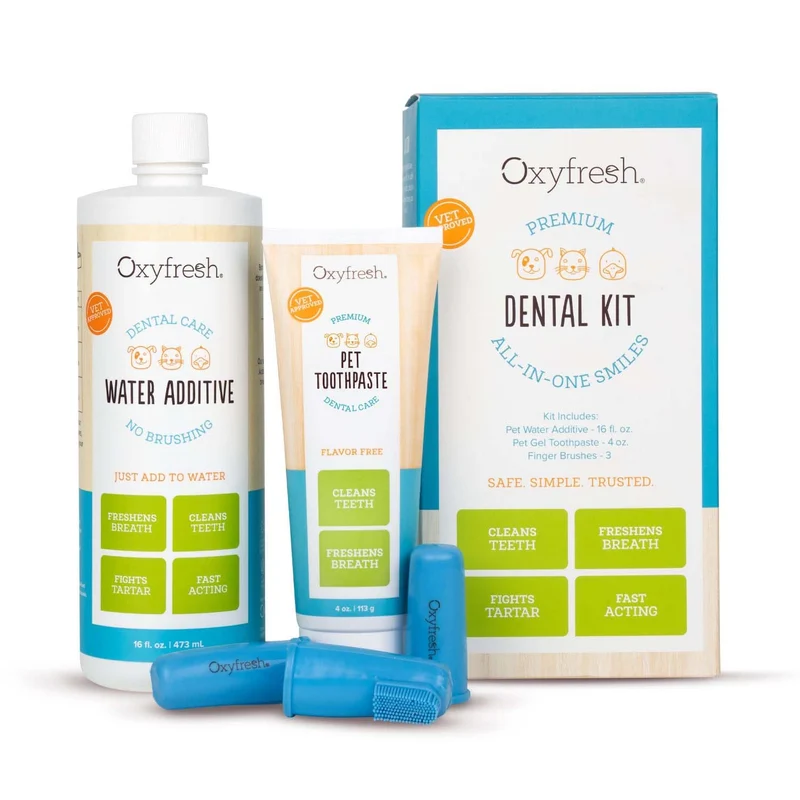 Kit dentaire premium Oxyfresh pour chiens et chats – Rafraîchissement de l’haleine et nettoyage des dents – Pâte 120 ml + Additif eau 473 ml