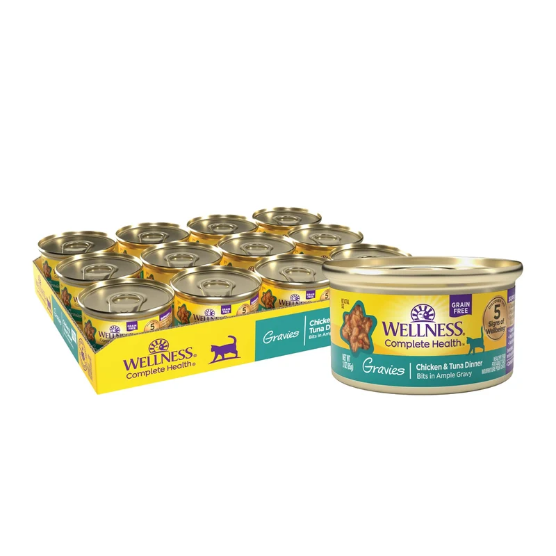 Wellness Complete Health Gravies – Nourriture humide pour chat adulte, poulet et thon, sans céréales, riche en protéines, boîtes de 3 oz, lot de 12