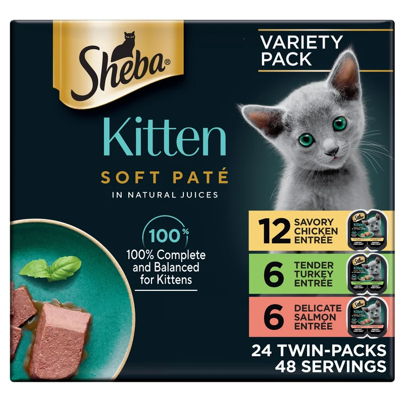 Sheba Portions Parfaites Chaton – Pâté Humide pour Chaton: Poulet, Saumon et Dinde – Plateaux Jumelés 2,6 oz (24 Unités, 48 Portions)