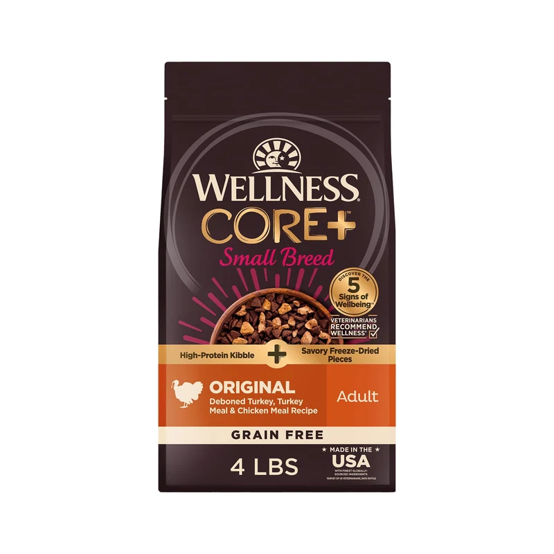 Wellness CORE+ Croquettes Sans Céréales pour Petites Races – Protéines Élevées, Dinde & Poulet, Morceaux Lyophilisés, 4 lb