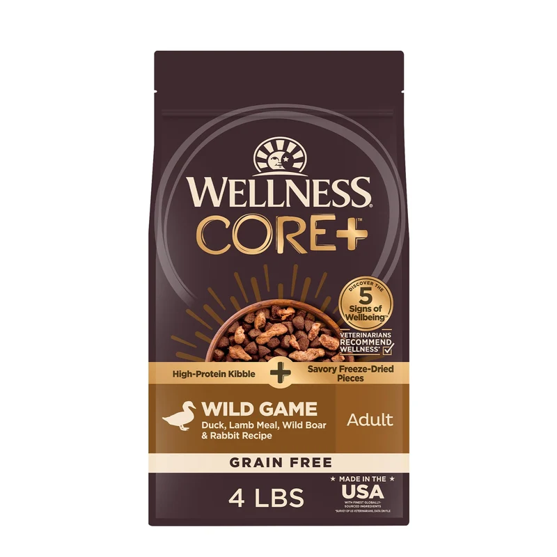 Wellness CORE+ Alimentation Canin Adulte Sans Grain – Protéines Élevées et Morceaux Lyophilisés (Canard, Agneau, Sanglier, Lapin) – 4 lb