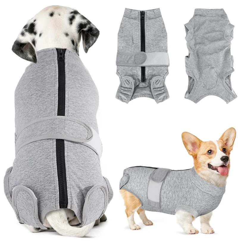 SlowTon Combinaison de Récupération pour Chien – Vêtement Post-Chirurgie avec Fermeture Dos, Gris, Taille M