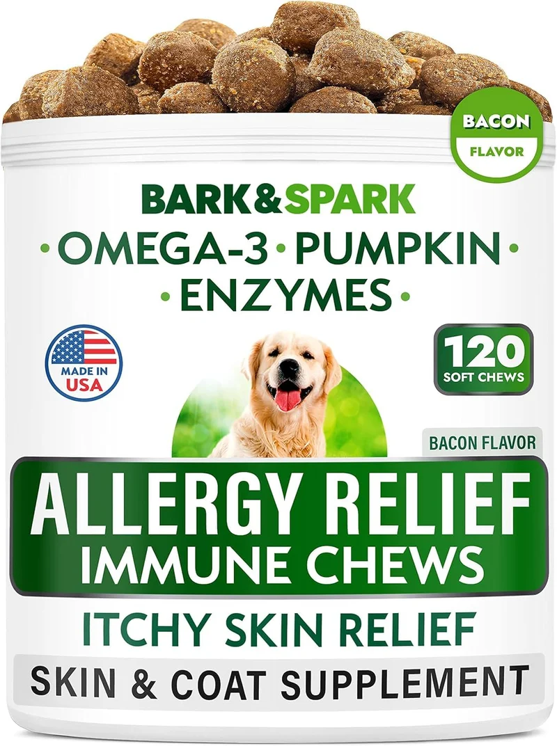 BARK&SPARK Gomme Anti-Allergie Chien – Santé de la Peau et Allergies Saisonnieres – Oméga-3, Quercetine et Bromélaïne – Saveur Bacon – 120 Gommes