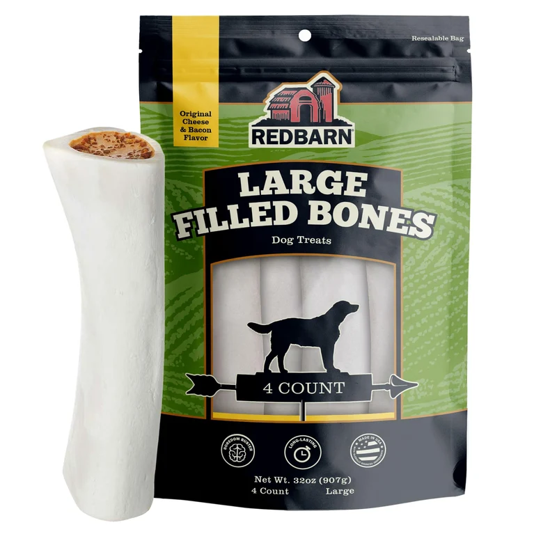 Redbarn Pet Products Os Femur Rempli Pour Chiens Saveur Fromage et Bacon - Longue Duree - Fabrique USA - Lot 4