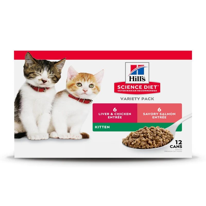 Hill's Science Diet Kitten Wet – Pack Découverte 12 boîtes 2,9 oz (Foie et Poulet, Saumon Mince)