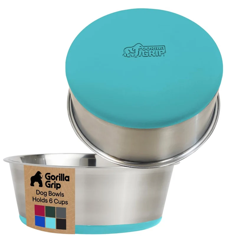 GORILLA GRIP Bols pour Chiens et Chats en Acier Inox 304 – 6 Tasses (48 oz), Lot de 2, Base Antidérapante Turquoise, Lavable au Lave-Vaisselle, Sans BPA