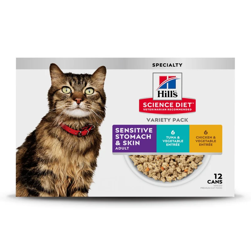 Hill's Science Diet Chat Adulte – Estomac Sensible & Peau, Variété Humide (Thon & Légumes / Poulet & Légumes), Lot de 12